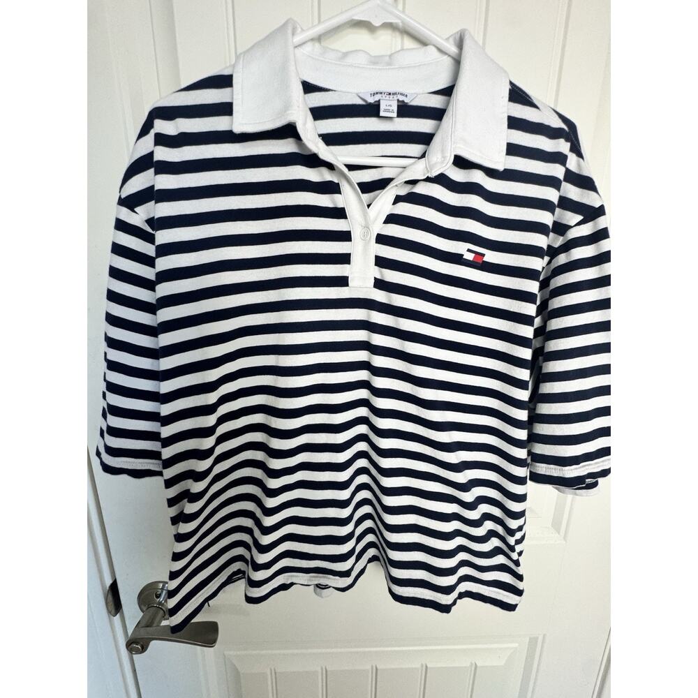 Tommy Hilfiger Sport Women’s Large Navy & White Striped Shirt Coastal Preppy - Picture 2 of 10